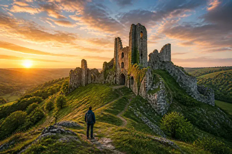 Chateau medieval en ruines au coucher du soleil