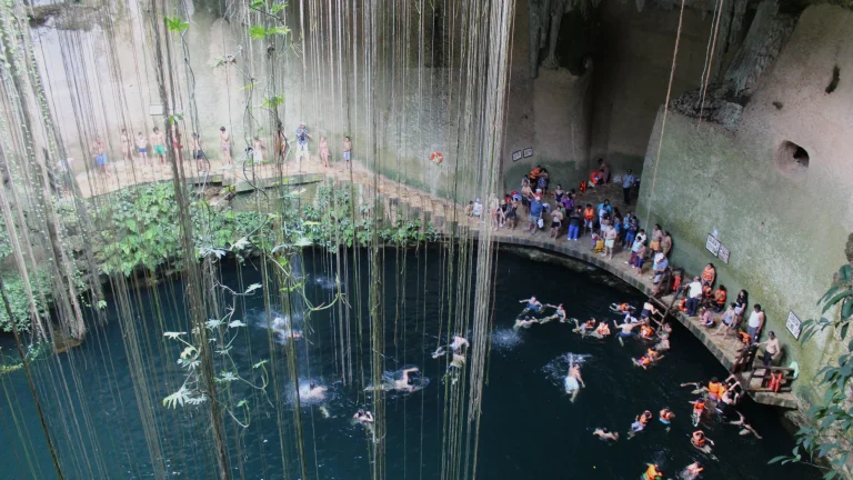 Vue plongeante sur le cénote Ik Kil au Yucatán, ses racines pendantes et son eau turquoise