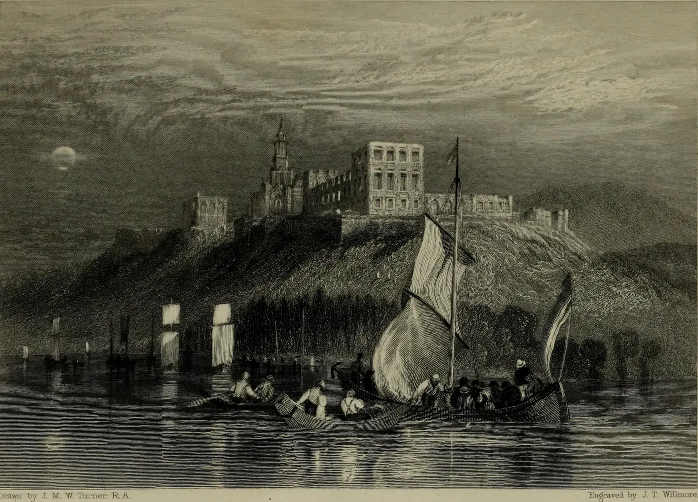 Gravure de 1833 montrant une gabare a voile sur la Loire au pied de Montjean