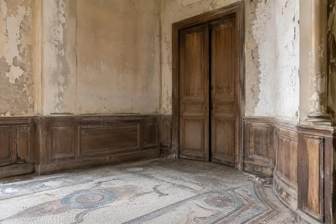 Intérieur du manoir colimaçon avec mosaïques et traces d'abandon