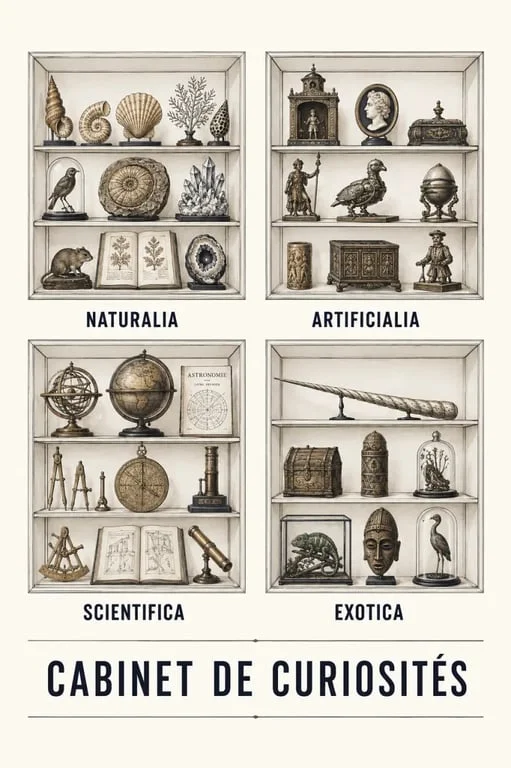 Cabinet de curiosité illustré avec coquillages, fossiles, globes, automates et objets rares