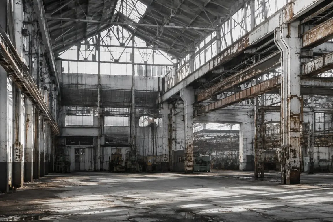 Usines abandonnées dans une grande halle industrielle vide, ambiance de friche et de mémoire ouvrière